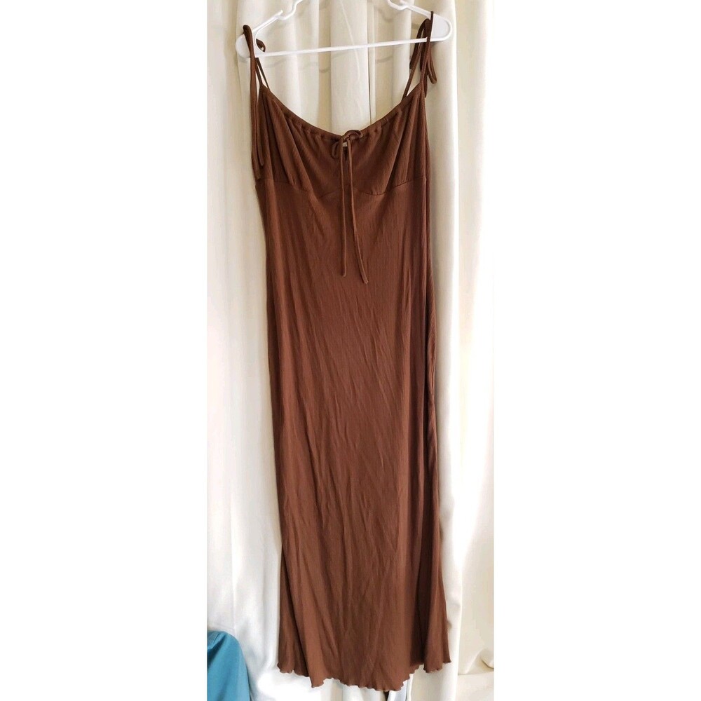SHEIN Curve 2XL Brown Ribbed Tie Strap Cottagecore Milkmaid Plus Size Dress